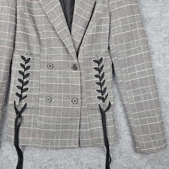 Bershka Blazer Womens Small Gray Plaid Double Breasted Lace Up Corset Jacket - Picture 3 of 8